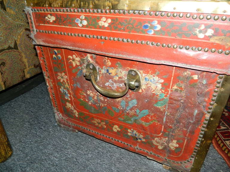 19th Century Leather and Brass Bound Camphor Trunk with Brass Handles 3