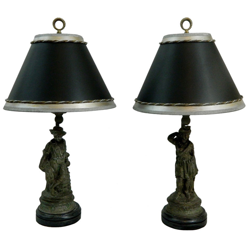 Pair of 19th Century Pewter Figurines Adapted as Lamps For Sale