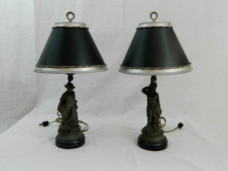 English Pair of 19th Century Pewter Figurines Adapted as Lamps For Sale