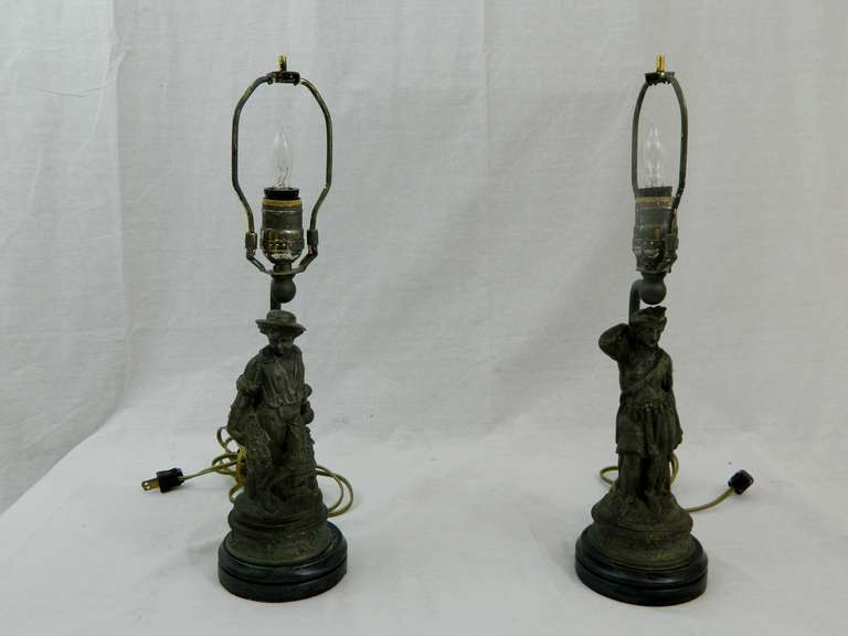 Pair of 19th Century Pewter Figurines Adapted as Lamps In Good Condition For Sale In Savannah, GA