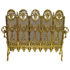 19th Century French Solid Brass Fire Screen Adorned with Baskets of Flowers