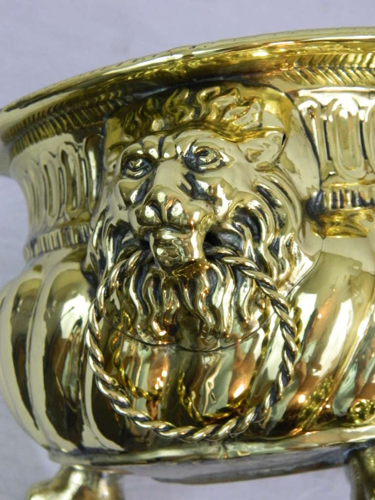 19th Century Round Brass Jardiniere with Lion Ring Handles 4