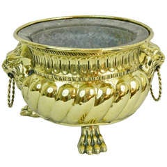 19th Century Round Brass Jardiniere with Lion Ring Handles