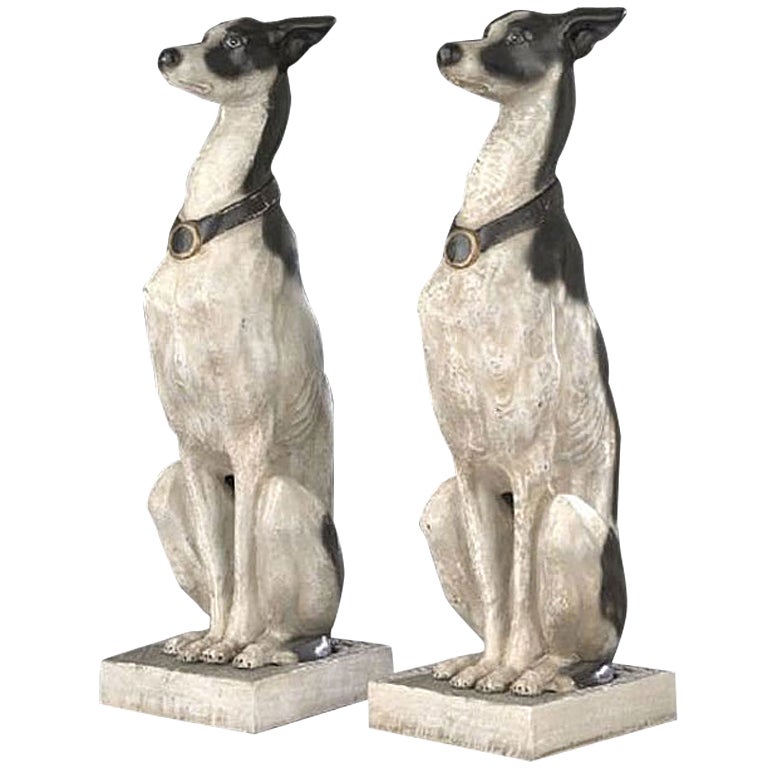 Pair of English Polychrome Cast Metal Life Size Whippet Dogs
