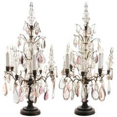 Antique 19th Century French Brass and Rock Crystal Four-Light Candelabra Girandoles