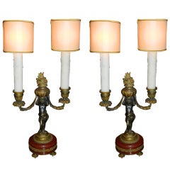 Pair of Louis XVI Bronze and Marble Lamps with Putti