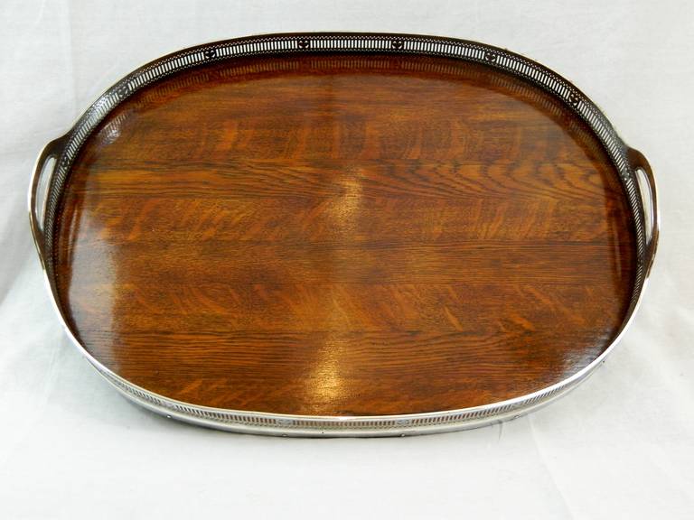 Large Gorham Regency style mahogany and silver gallery tray with handles, circa 1895.