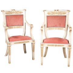 Late 19th Century Pair of Louis XVI Style Painted and Gold Gilt Armchairs