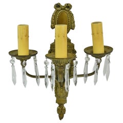 Caldwell Pair of 1920s Bronze Dore and Crystal, Three Arm Sconces