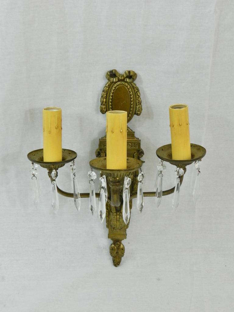 American Caldwell Pair of 1920s Bronze Dore and Crystal, Three Arm Sconces