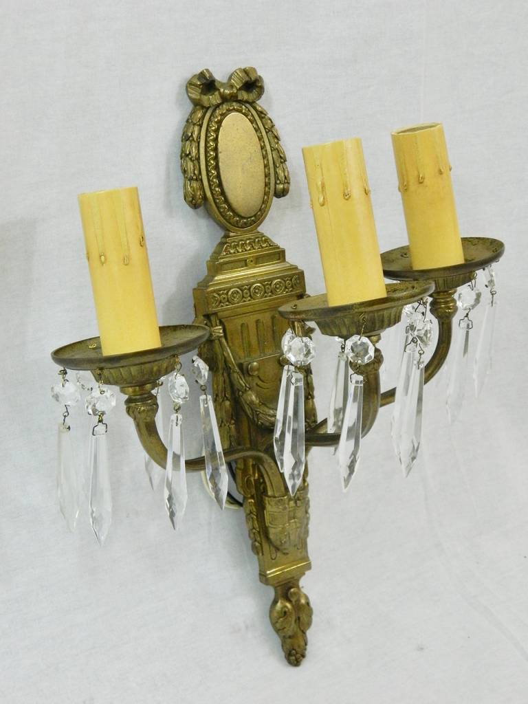 Caldwell Pair of 1920s Bronze Dore and Crystal, Three Arm Sconces 4