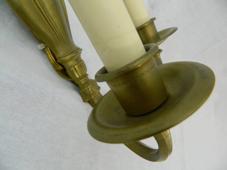 Pair of Louis XVI Gilt Bronze, Two Light Wall Sconces by Sterling Bronze Co For Sale 1
