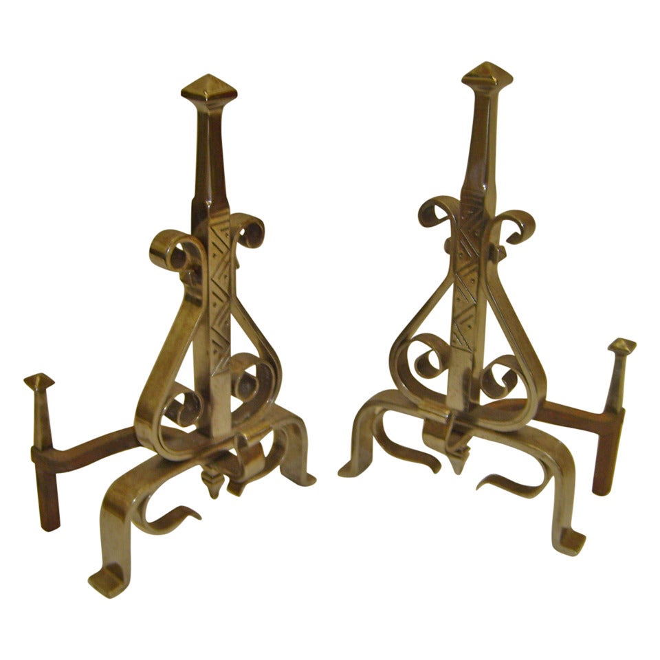 Pair of Polished Steel Chenets or Andirons, 19th Century For Sale
