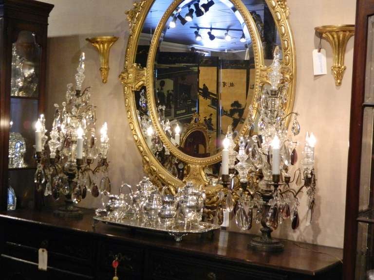 19th Century French Brass and Rock Crystal Four-Light Candelabra Girandoles In Good Condition In Savannah, GA