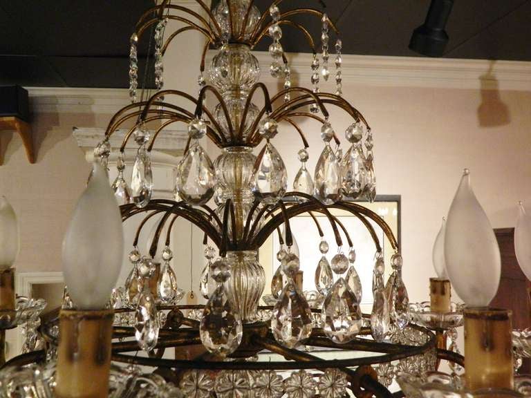 Early 20th Century Eight Branch Venetian Style Brass and Crystal Chandelier In Excellent Condition In Savannah, GA
