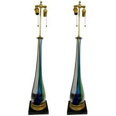 Pair of Elongated Teardrop Shaped Fluted Murano Glass Lamps, Circa 1950s 4