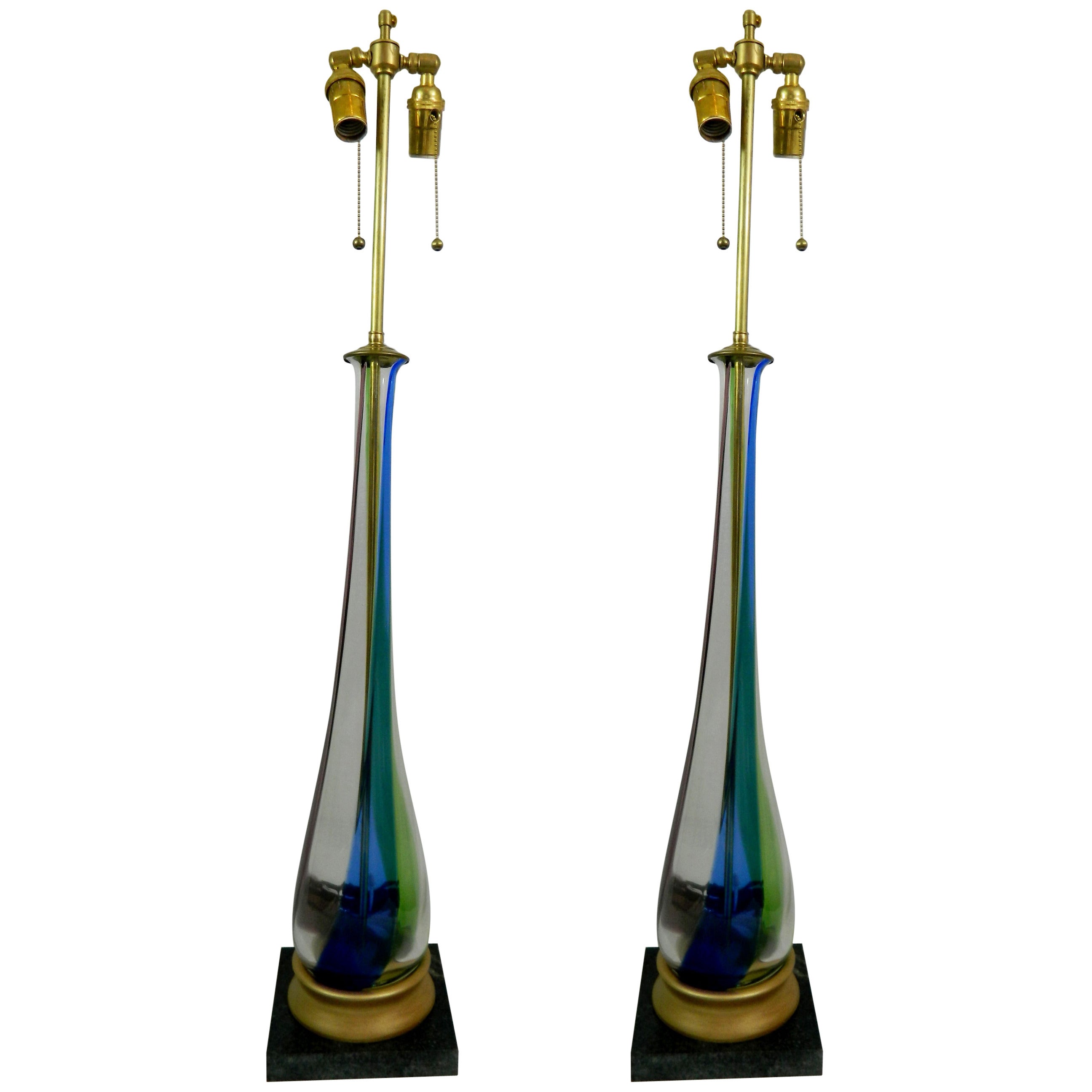 Pair of Elongated Teardrop Shaped Fluted Murano Glass Lamps, Circa 1950s