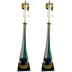 Pair of Elongated Teardrop Shaped Fluted Murano Glass Lamps, Circa 1950s