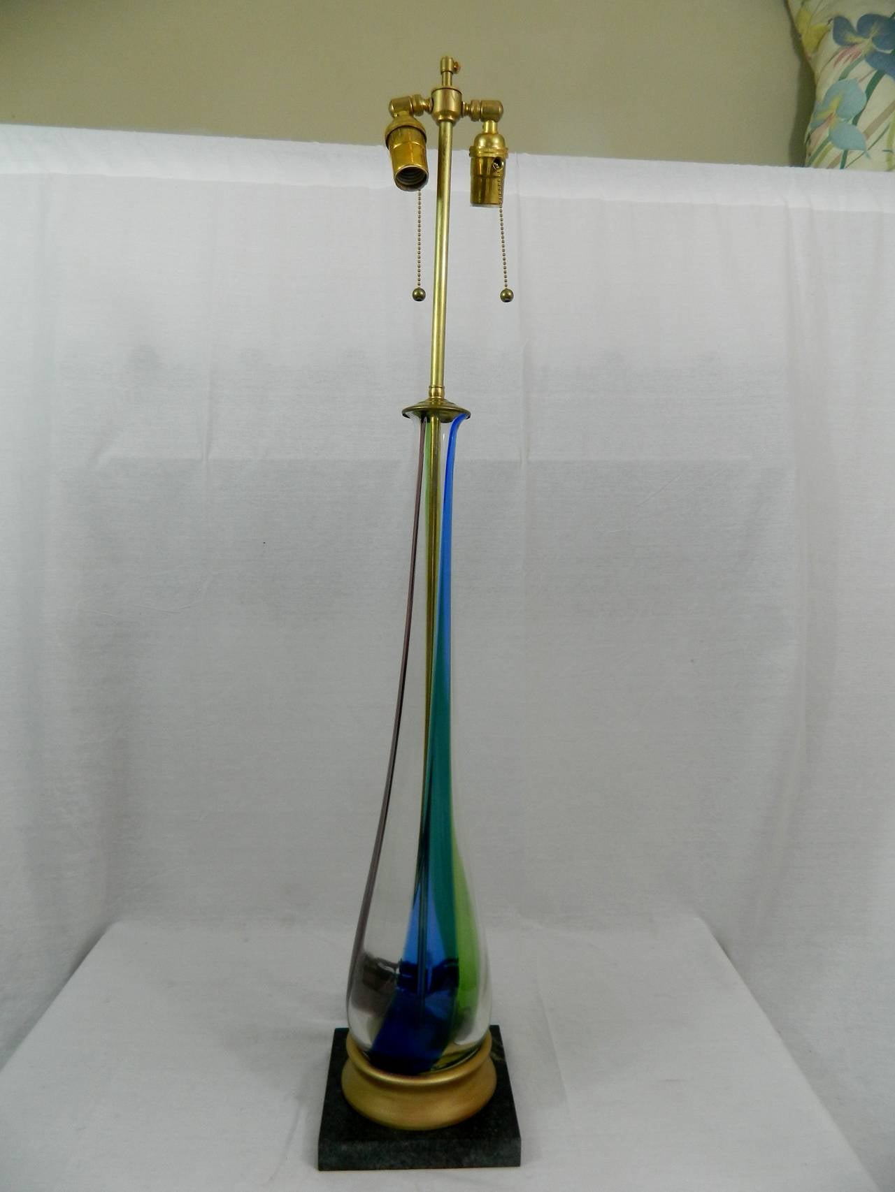 Italian Pair of Elongated Teardrop Shaped Fluted Murano Glass Lamps, Circa 1950s