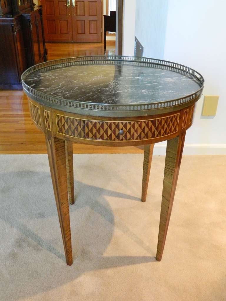 19th Century Louis XVI Bouillotte Two Drawer Table with Marquetry and Brass Gallery