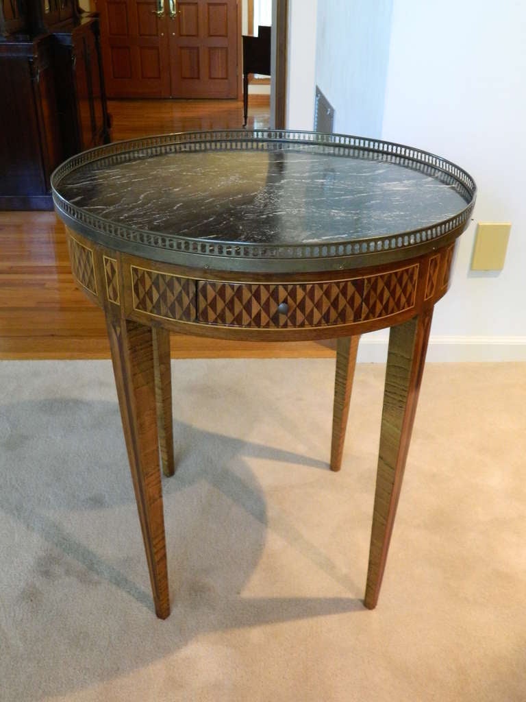 French 19th Century Louis XVI Bouillotte Two Drawer Marquetry Table and Brass Gallery