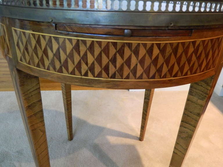 19th Century Louis XVI Bouillotte Two Drawer Marquetry Table and Brass Gallery 1