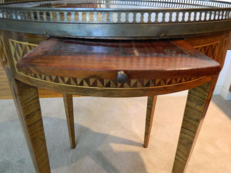 19th Century Louis XVI Bouillotte Two Drawer Marquetry Table and Brass Gallery 2