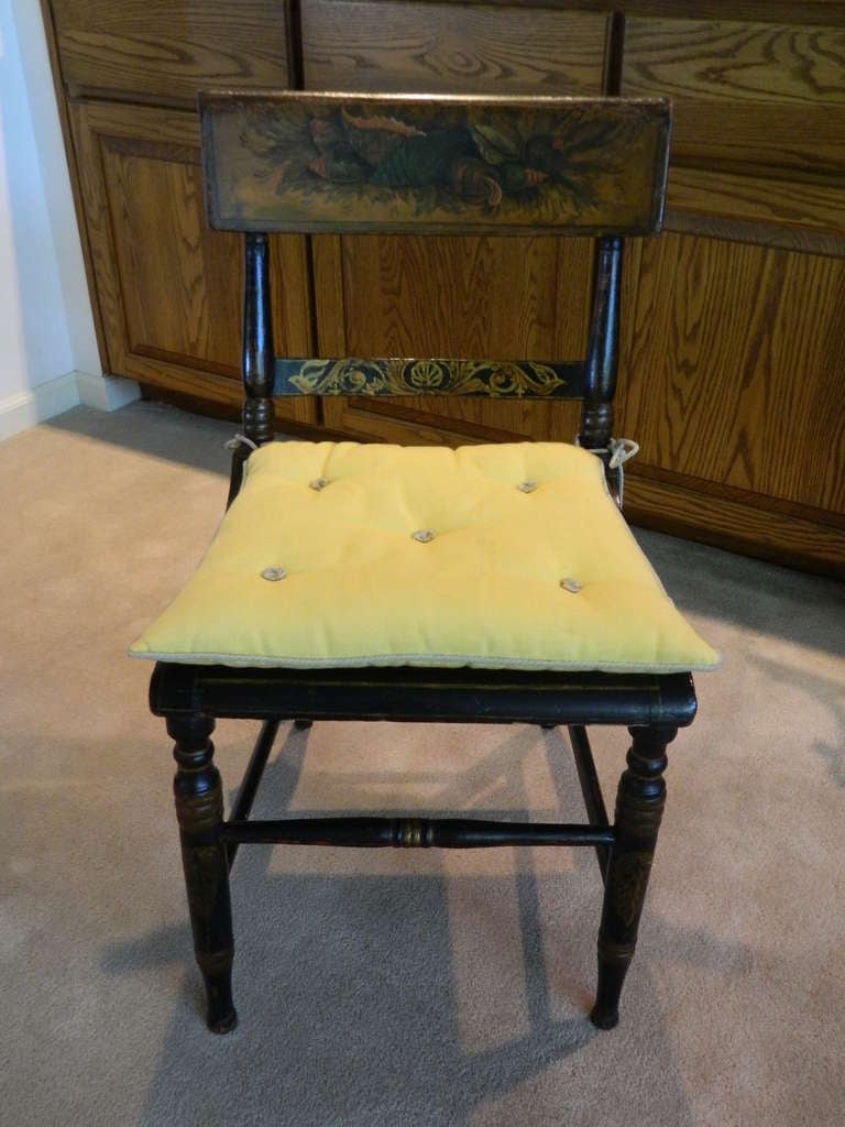 19th century English set of six black ebonized and hand-painted chairs with floral design. Custom-made seat cushions.
