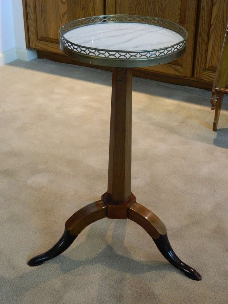 19th Century French Marble Top Walnut Candle Stand with Tripod Base and Brass Gallery Around Top.  Base is 20
