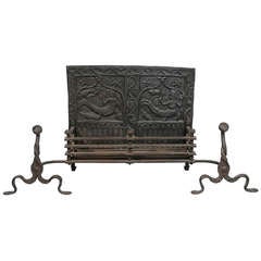 Early 16th/17th Century Cast Iron Fireback Mounted to a Fire Grate and Andirons