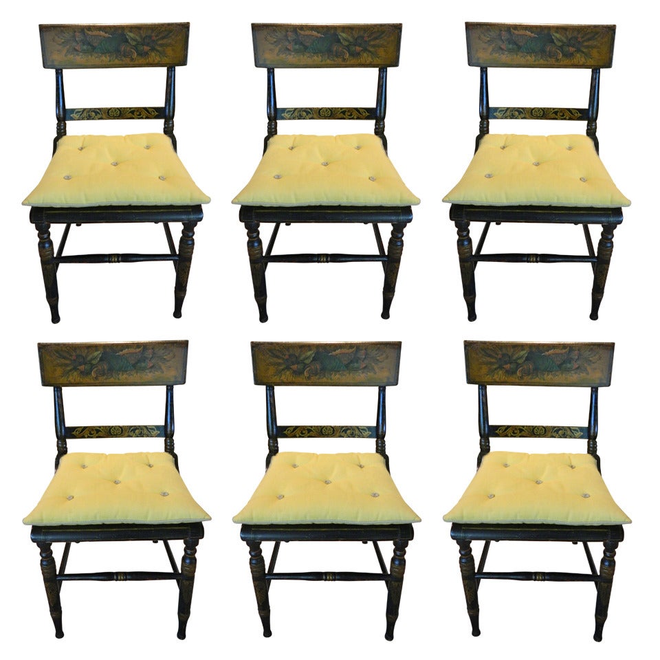 19th Century English Set of Six Black Ebonized and Hand-Painted Chairs