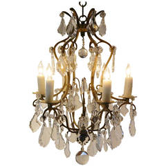 Vintage Early 20th Century French Gilded Iron and Cut-Glass Six-Light Chandelier