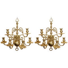 19th Century Large Pair of Louis XVI Style Six-Arm, Polished Brass Sconces