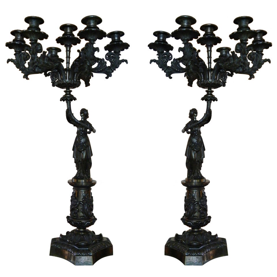 19th Century Pair of Bronze Six Candle Candelabra with Female Figures For Sale