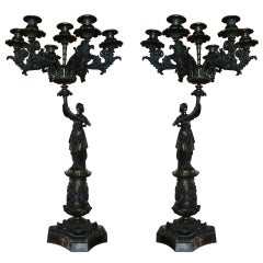 Antique 19th Century Pair of Bronze Six Candle Candelabra with Female Figures