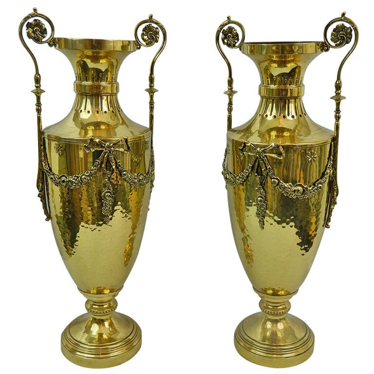 19th Century Pair of Polished Brass Decorative Urns or Vases with