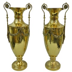 19th Century Pair of Polished Brass Decorative Urns or Vases with Handles