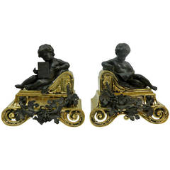 Pair of Polished Brass Chenets or Andirons with Bronze Cherubs, 19th Century