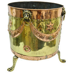 19th Century Brass and Copper Planter or Log Bin Adorned with Lion Ring Handles