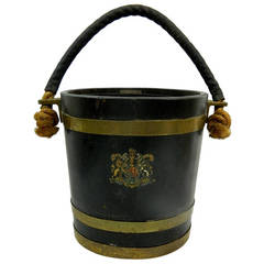 Antique 19th Century Peat Wood Bucket with Brass-Bound Coat of Arms Design