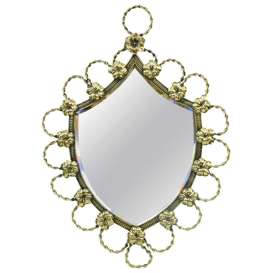 Polished Brass Shield-Shaped Mirror, 19th Century