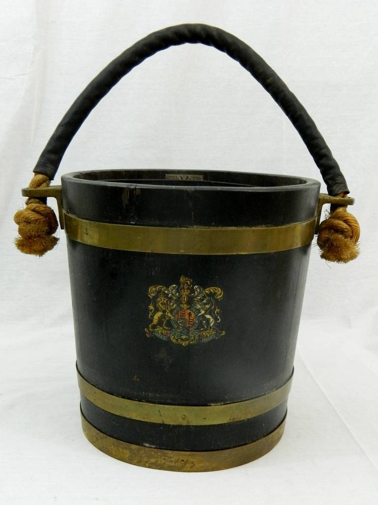 19th Century Peat Wood Bucket with Brass Bound and Decorated with a Coat of Arms.  Includes a Liner