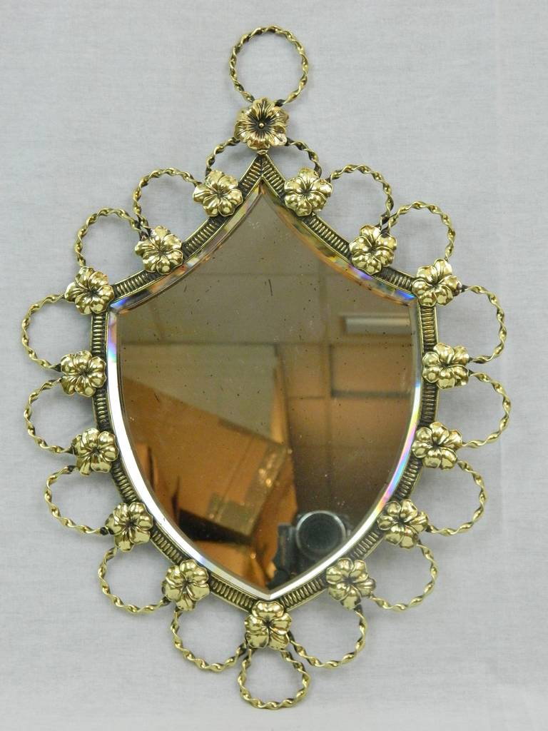 French Polished Brass Shield-Shaped Mirror, 19th Century