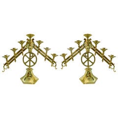 19th Century Polished Brass Pair of Adjustable Seven-Arm Menorah or Candlesticks