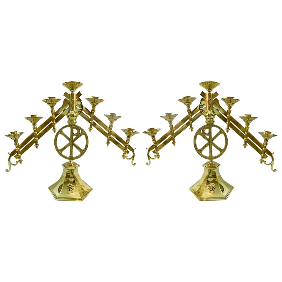 19th Century Polished Brass Pair of Adjustable Seven-Arm Menorah or Candlesticks