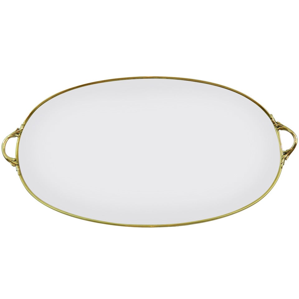 19th Century French Polished Brass and Glass Oval Tray with Handles