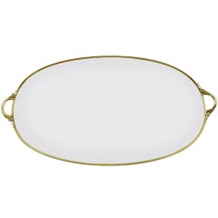 19th Century French Polished Brass and Glass Oval Tray with Handles