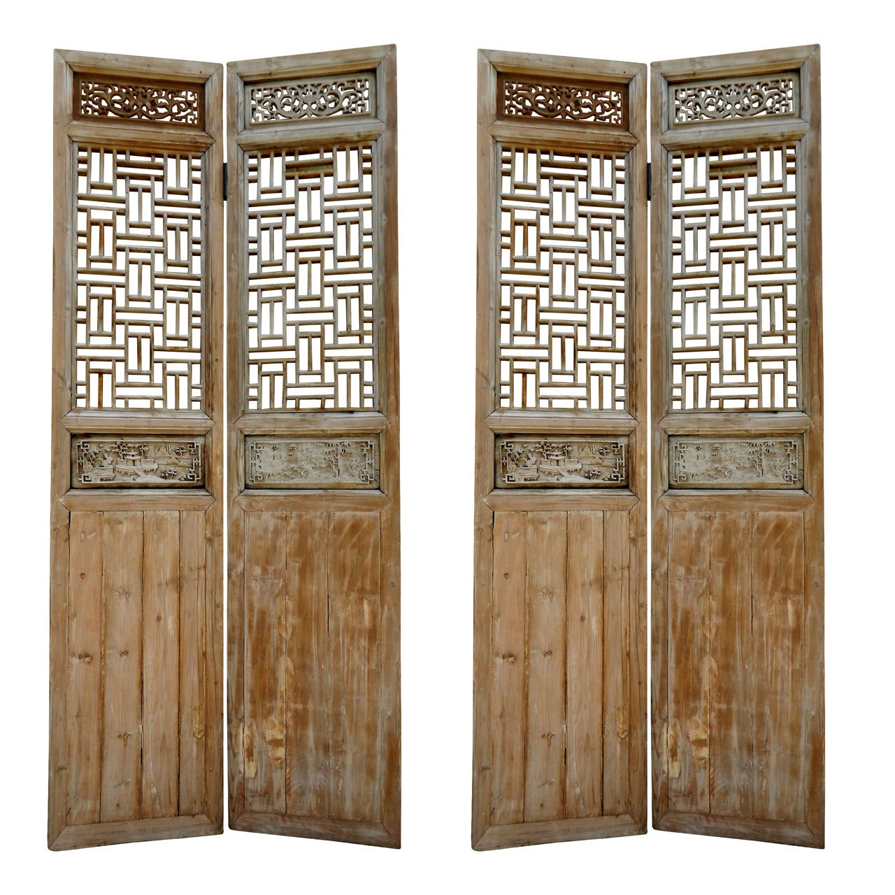 19th Century Large Chinese Four-Panel Wooden Lattice Door or Screen
