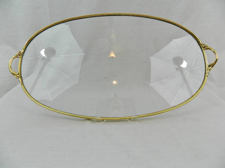19th Century French Polished Brass and Glass Oval Tray with Handles In Good Condition For Sale In Savannah, GA