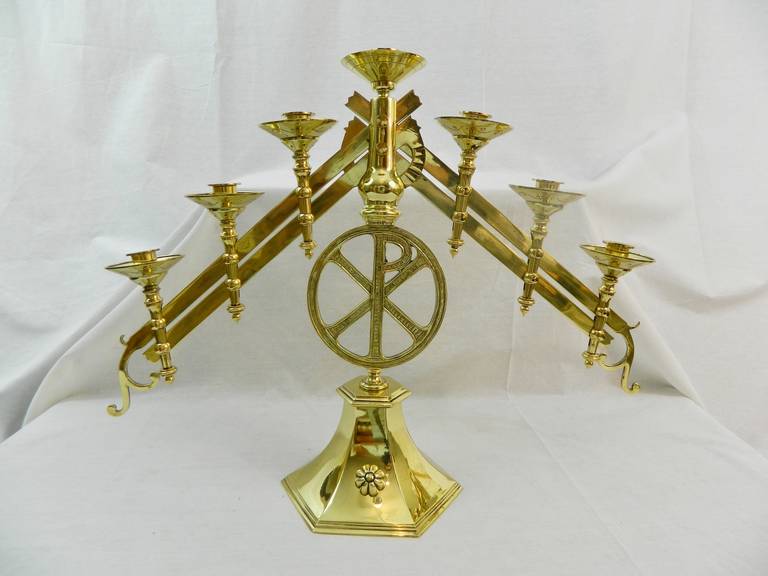 French 19th Century Polished Brass Pair of Adjustable Seven-Arm Menorah or Candlesticks